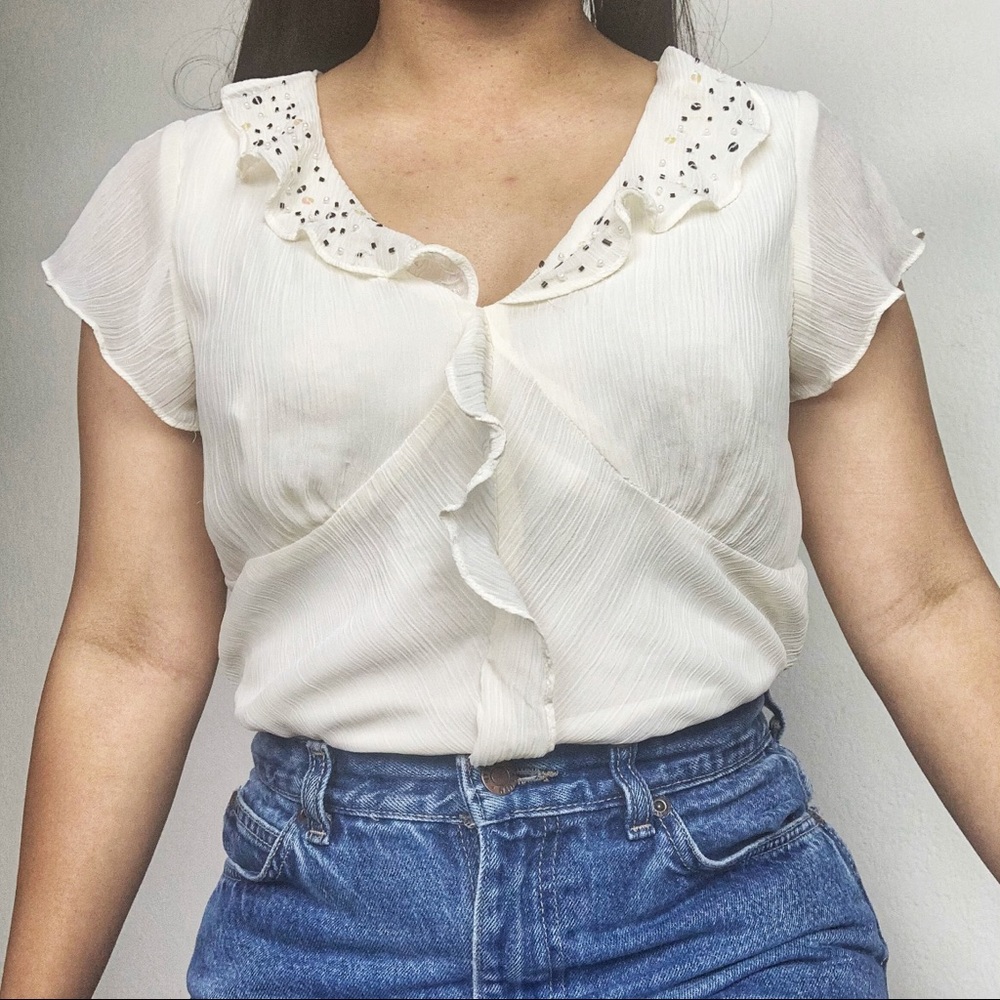 Vintage Karin Stevens Cream Ruffle Beaded Blouse